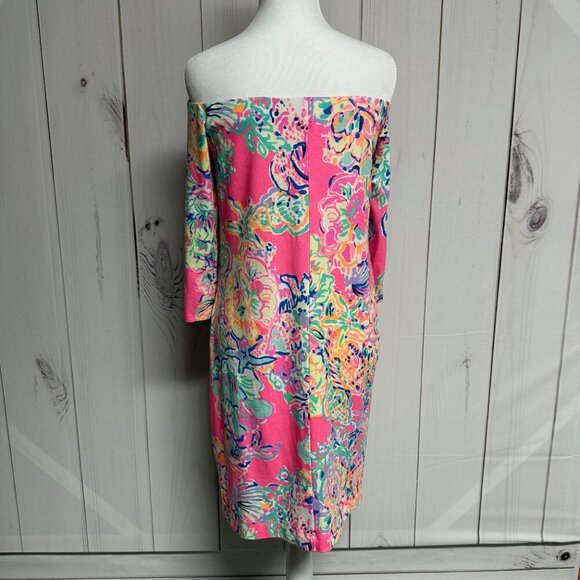 Lilly Pulitzer Laurana Off-Shoulder Dress Coral Reef Seacret M EUC - Picture 3 of 11